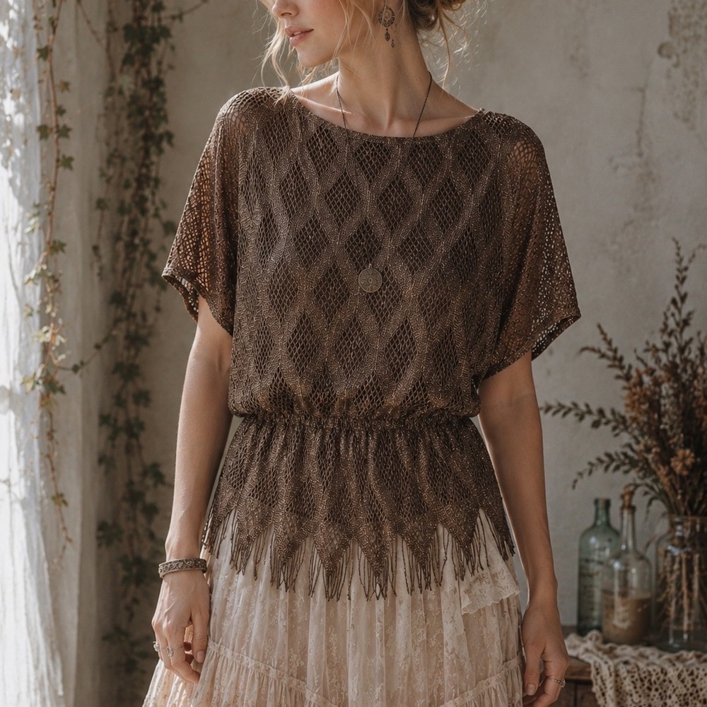 Dressbarn Blouse Women S Vtg Y2K Forest Fairy Grunge Lace Peplum Brown